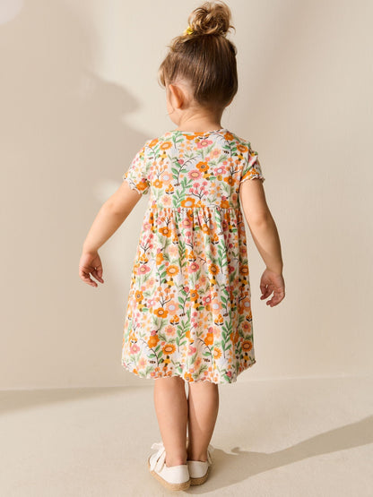 Orange Floral Short Sleeve Ribbed Dress (3mths-7yrs) image 3