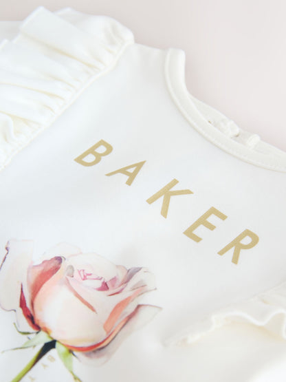 Baker by Ted Baker White Rose Print Frill Peplum Hem Dress image 4