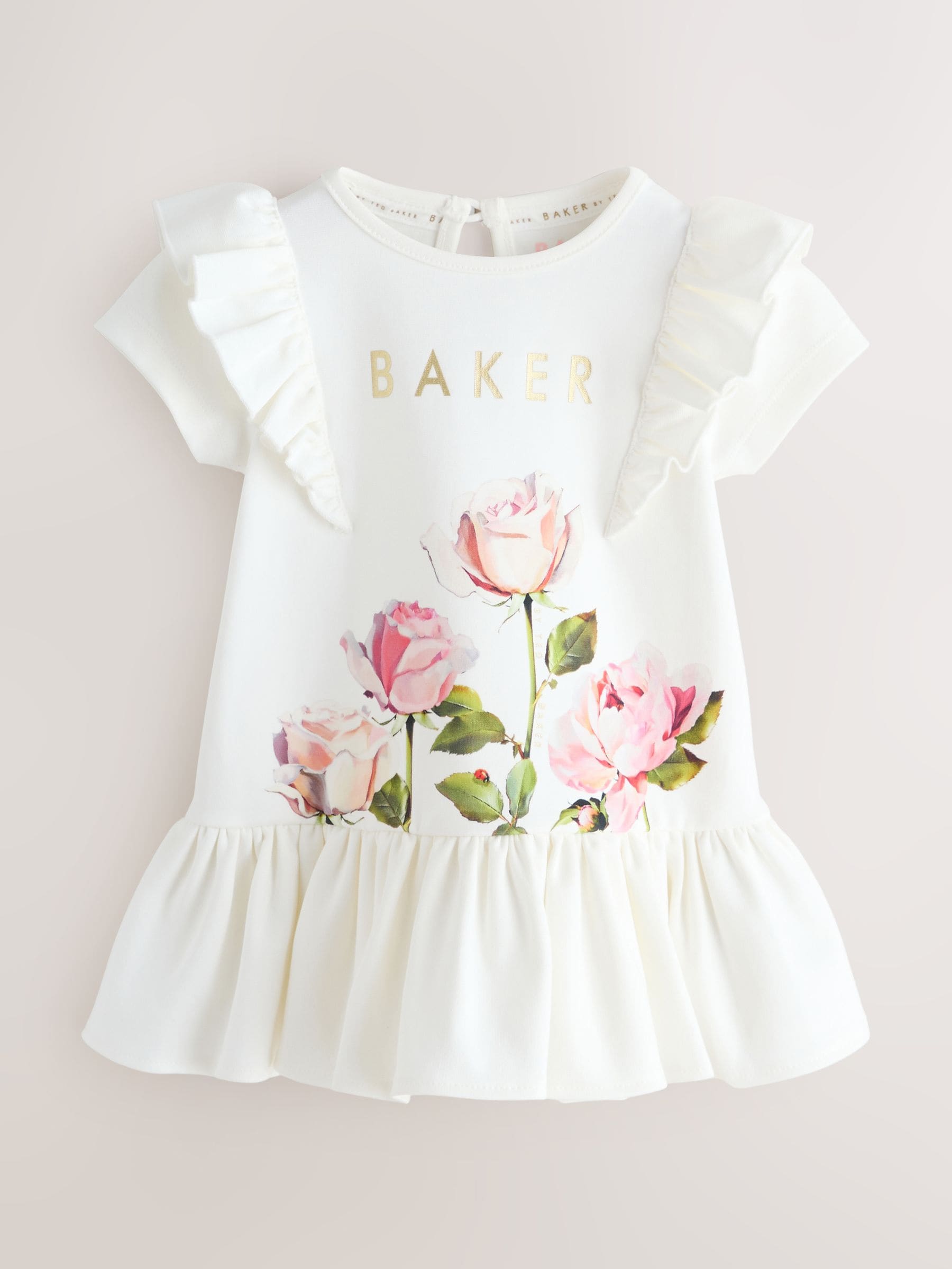 Baker by Ted Baker White Rose Print Frill Peplum Hem Dress image 1