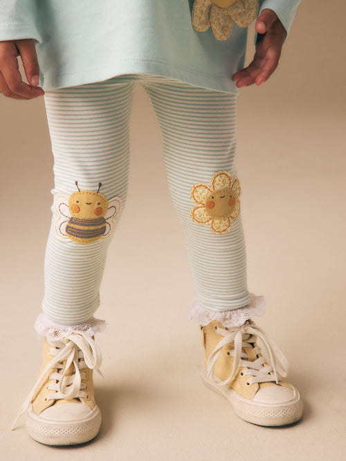 Green/Ecru Stripe Bee Embellished Leggings (3mths-7yrs) image 1