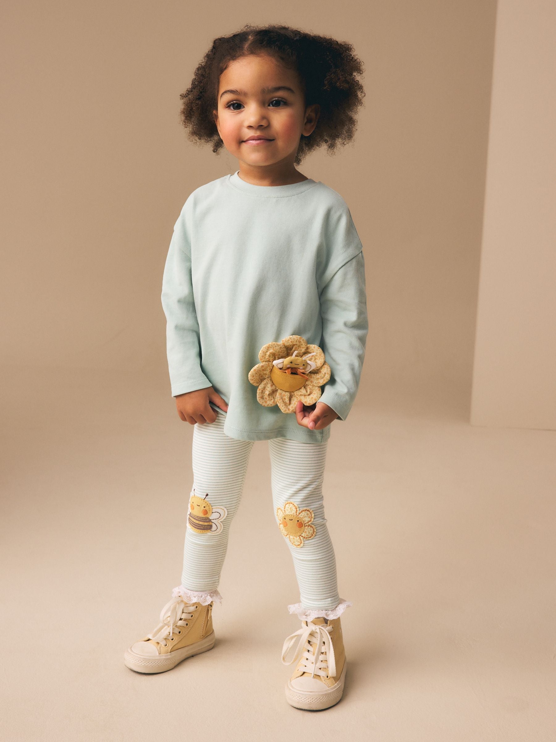 Green/Ecru Stripe Bee Embellished Leggings (3mths-7yrs) image 2