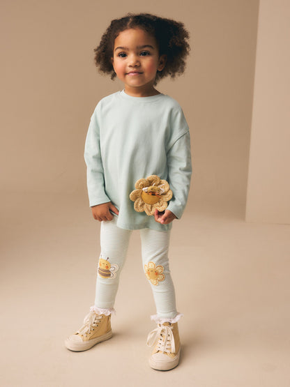 Green/Ecru Stripe Bee Embellished Leggings (3mths-7yrs) image 2