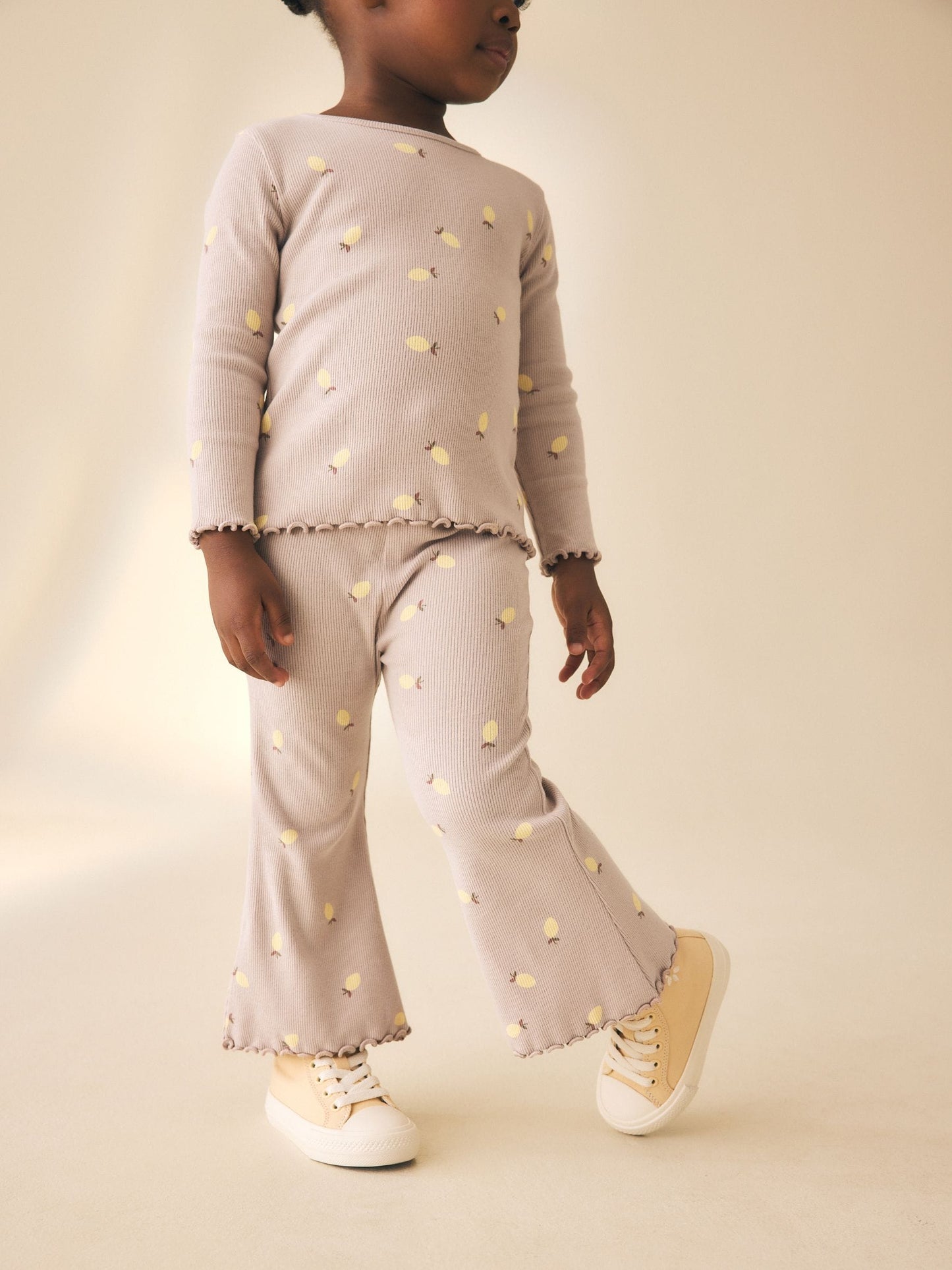 Neutral Lemon Print Rib Flare Leggings (3mths-7yrs) image 4
