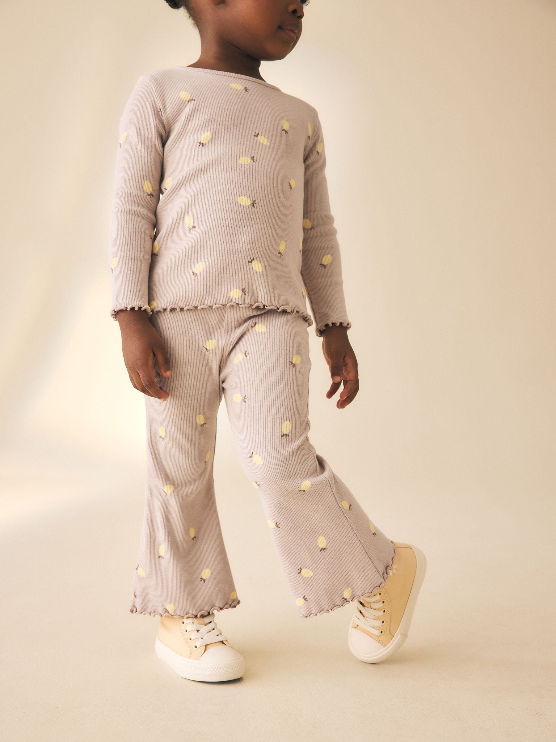 Neutral Lemon Print Rib Flare Leggings (3mths-7yrs) image 4