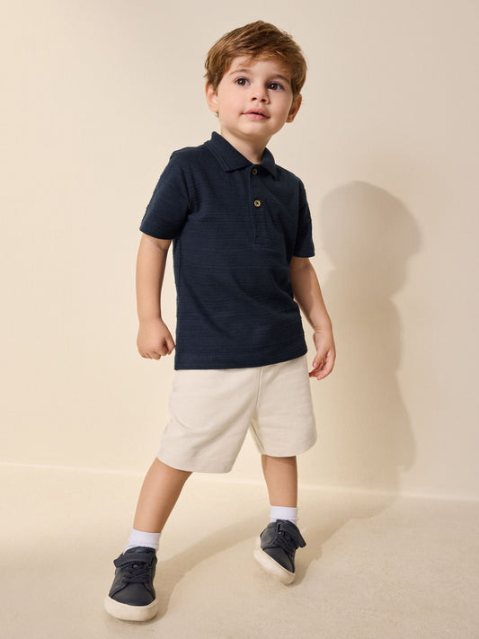 Navy Short Sleeve Textured Polo Shirt and Shorts Set (3mths-7yrs) image 1