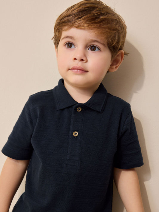 Navy Short Sleeve Textured Polo Shirt and Shorts Set (3mths-7yrs) image 3