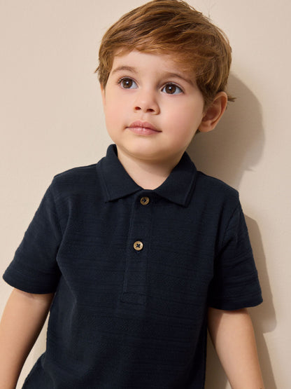 Navy Short Sleeve Textured Polo Shirt and Shorts Set (3mths-7yrs) image 2