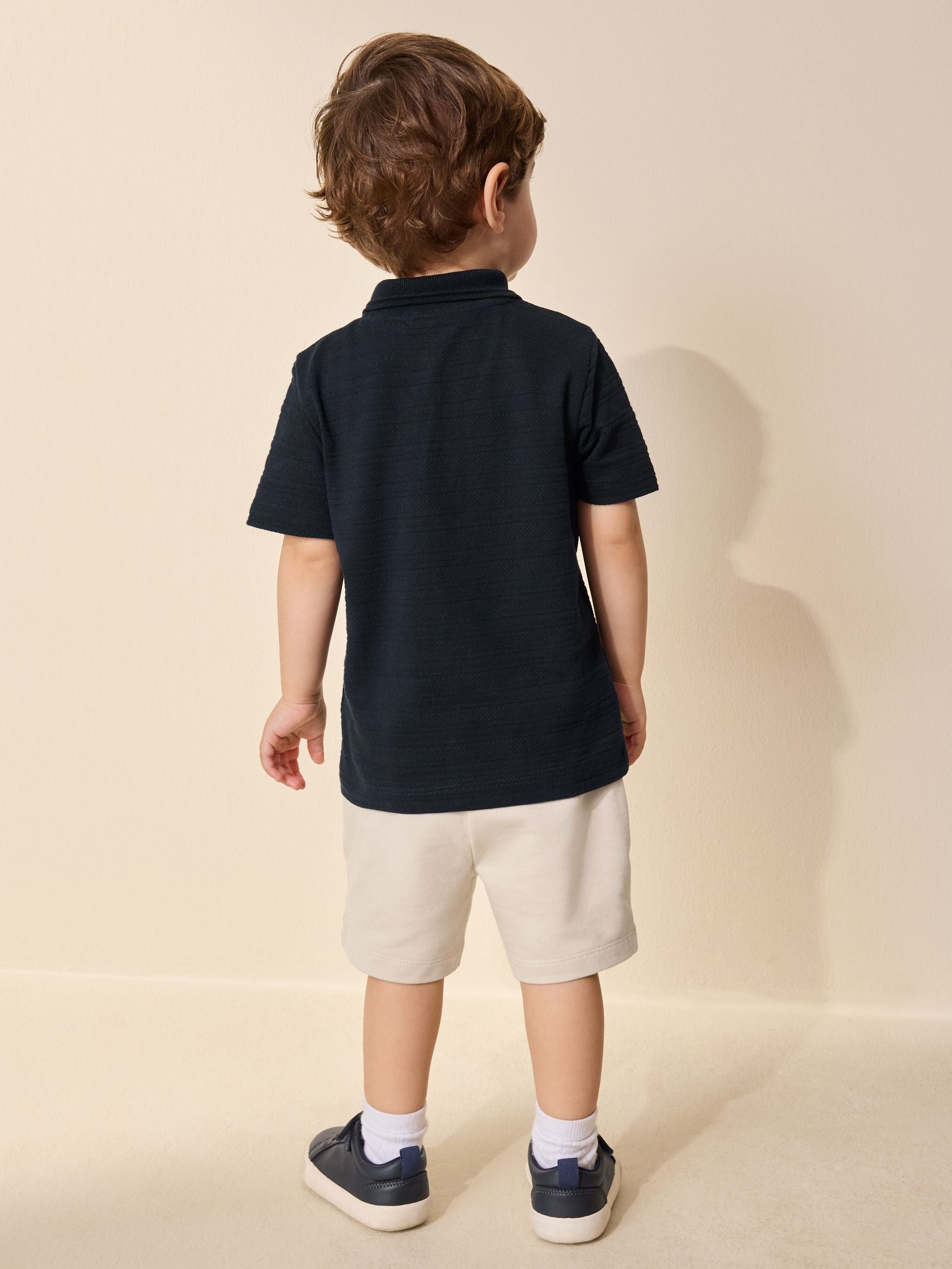 Navy Short Sleeve Textured Polo Shirt and Shorts Set (3mths-7yrs) image 3