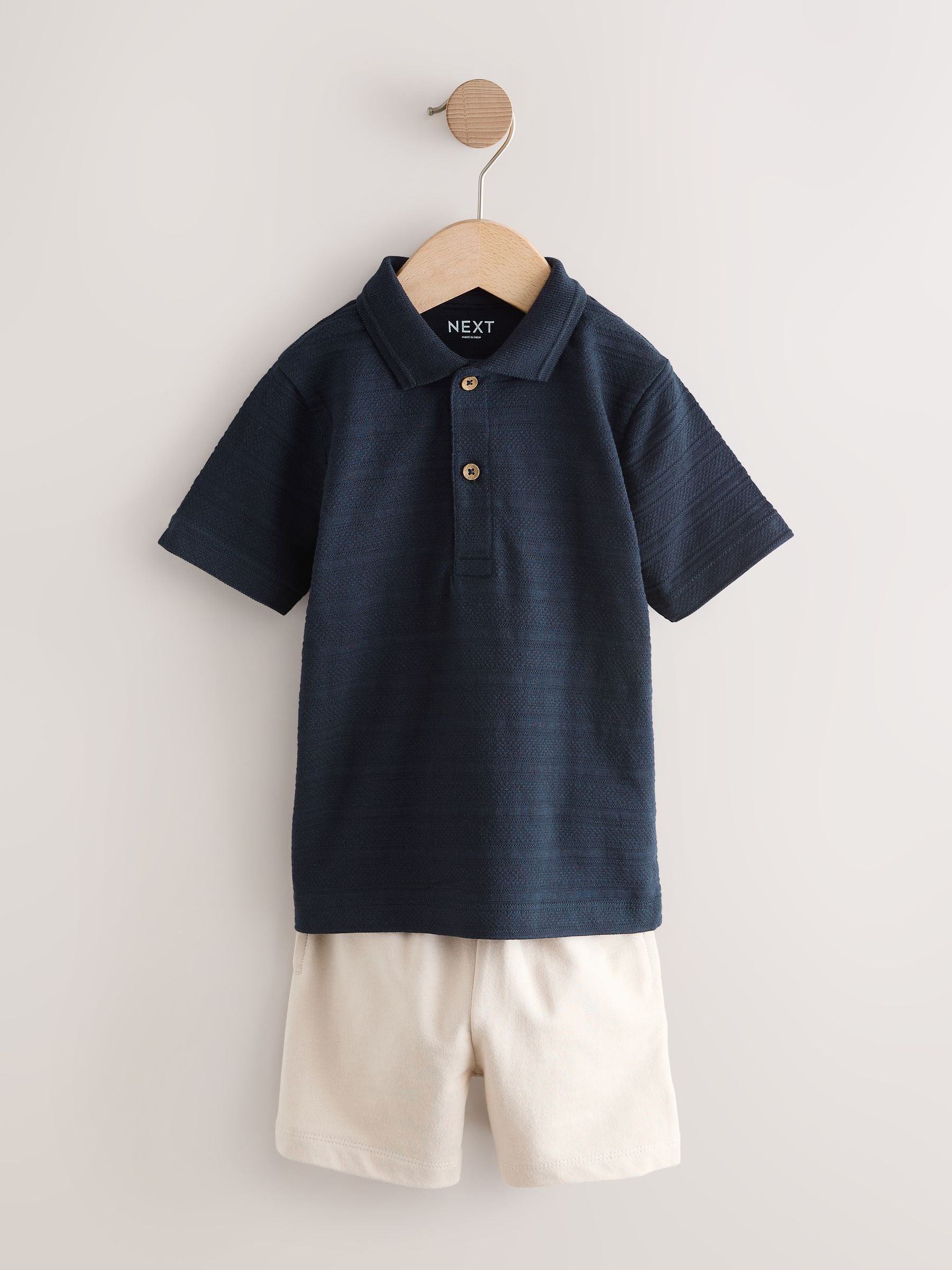 Navy Short Sleeve Textured Polo Shirt and Shorts Set (3mths-7yrs) image 5