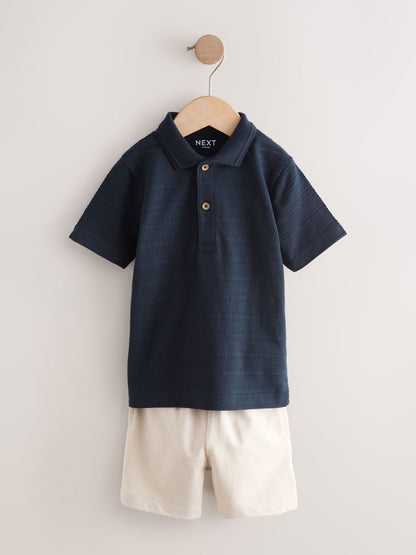 Navy Short Sleeve Textured Polo Shirt and Shorts Set (3mths-7yrs) image 5