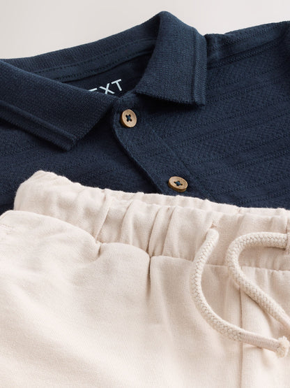 Navy Short Sleeve Textured Polo Shirt and Shorts Set (3mths-7yrs) image 7