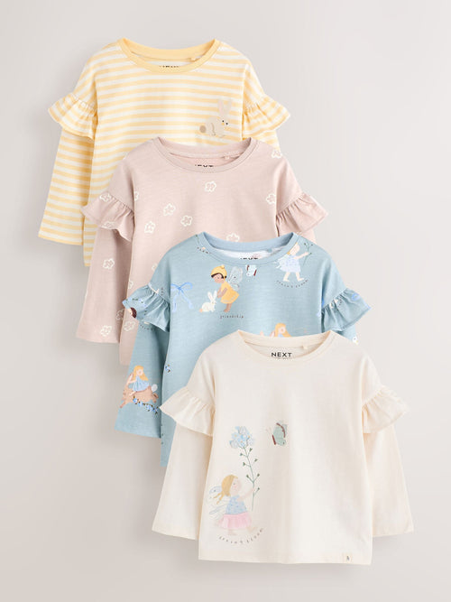 Neutral/Blue Frill Detail Long Sleeve Tops 4 Pack (3mths-7yrs) image 1