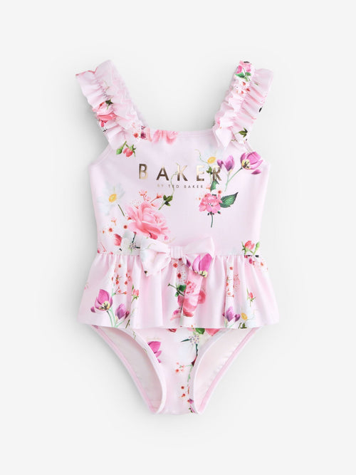 Baker by Ted Baker Pink Floral Frill Peplum Swimsuit image 1
