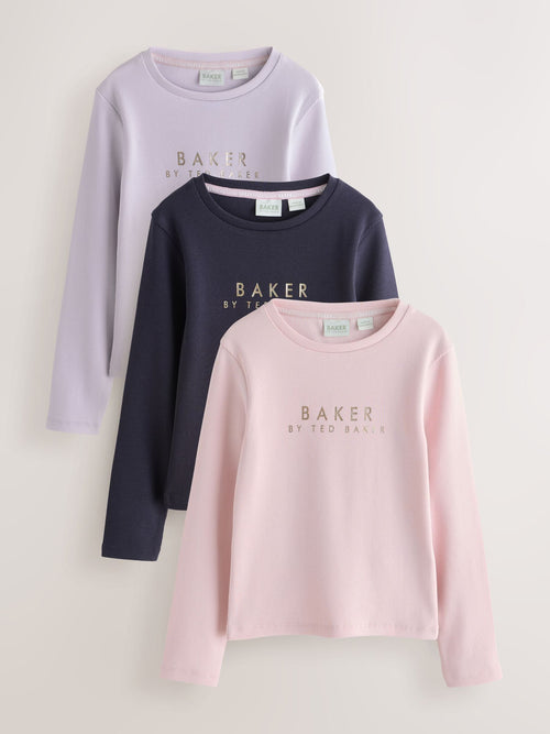 Baker by Ted Baker Pink/Purple Ribbed Long Sleeve T-Shirts 3 Pack image 1