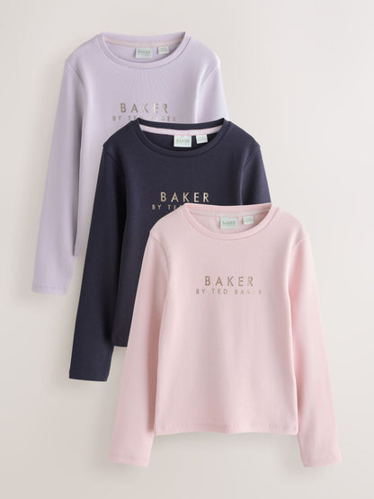 Baker by Ted Baker Pink/Purple Ribbed Long Sleeve T-Shirts 3 Pack image 1