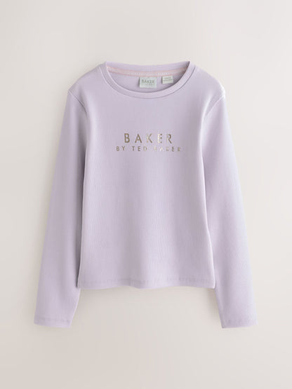 Baker by Ted Baker Pink/Purple Ribbed Long Sleeve T-Shirts 3 Pack image 2