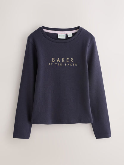 Baker by Ted Baker Pink/Purple Ribbed Long Sleeve T-Shirts 3 Pack image 3