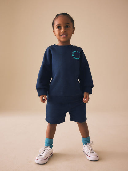 Navy Big Smile Crew Neck Sweatshirt and Shorts Set (3mths-7yrs) image 1