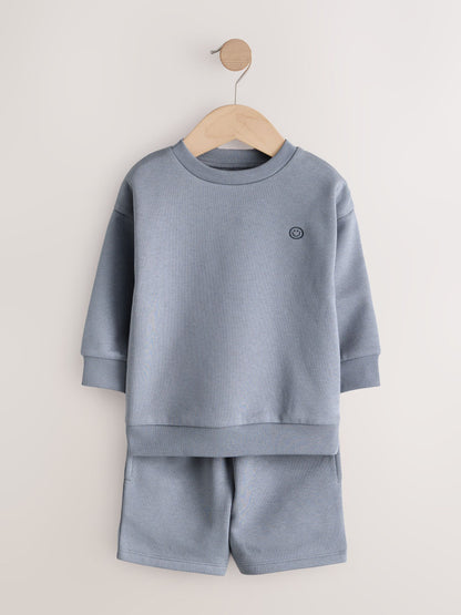 Blue/Grey 2 Pack Plain Crew Neck Sweatshirt and Shorts Set (3mths-7yrs) image 3