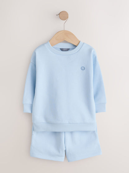 Blue/Grey 2 Pack Plain Crew Neck Sweatshirt and Shorts Set (3mths-7yrs) image 4