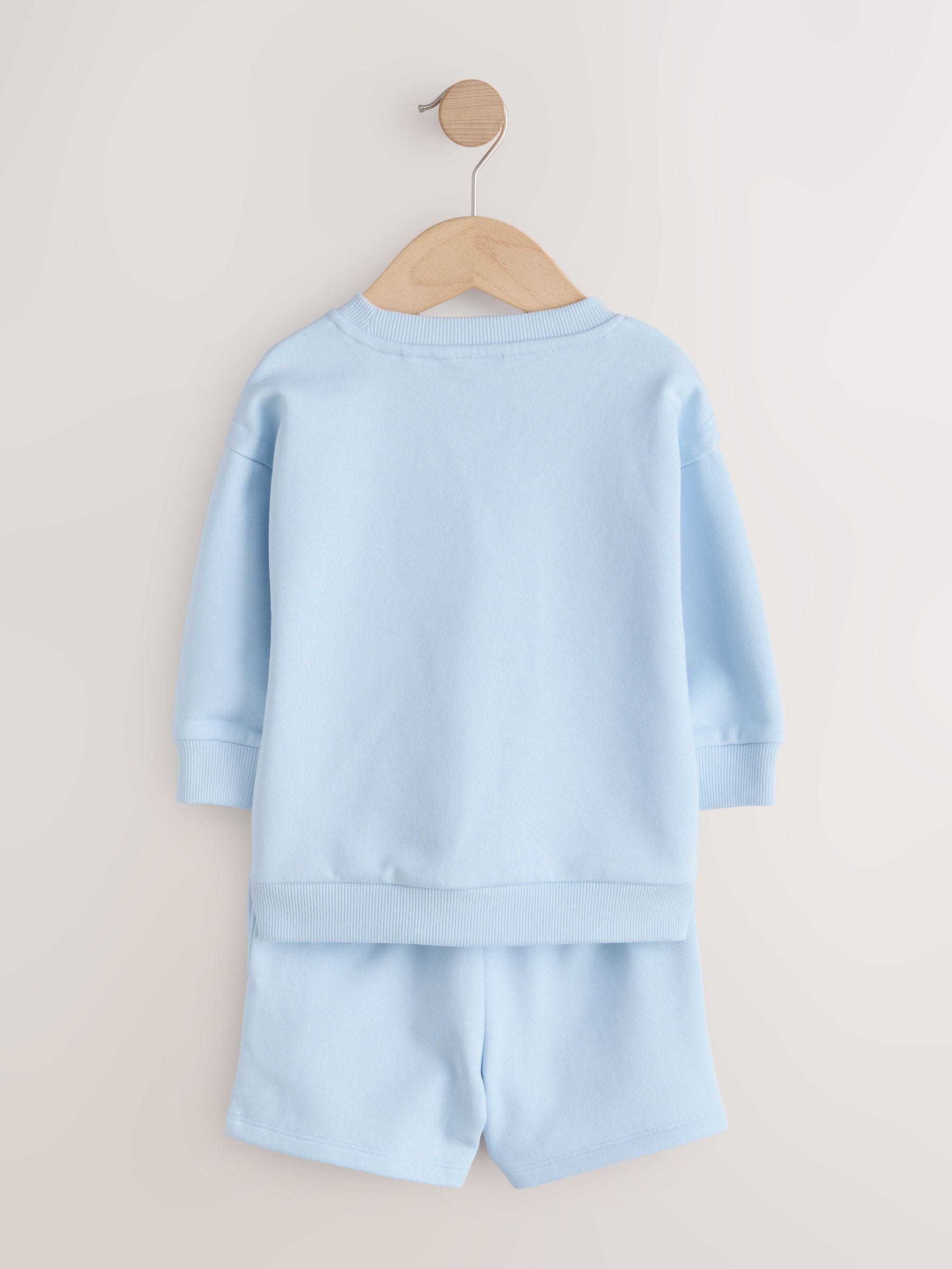 Blue/Grey 2 Pack Plain Crew Neck Sweatshirt and Shorts Set (3mths-7yrs) image 5