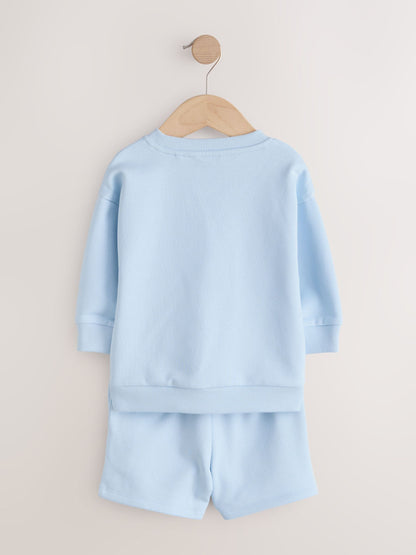 Blue/Grey 2 Pack Plain Crew Neck Sweatshirt and Shorts Set (3mths-7yrs) image 5