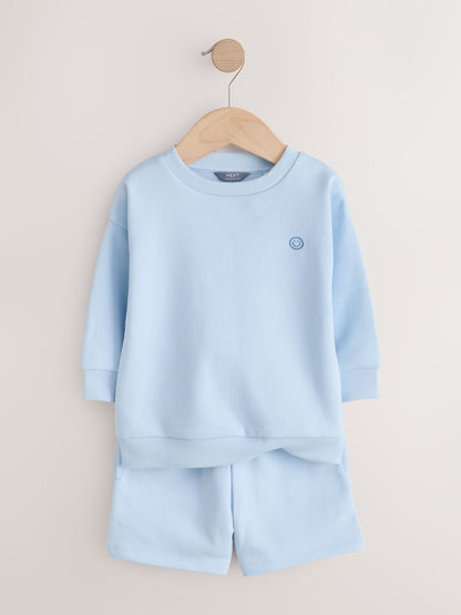 Blue/Grey 2 Pack Plain Crew Neck Sweatshirt and Shorts Set (3mths-7yrs) image 6