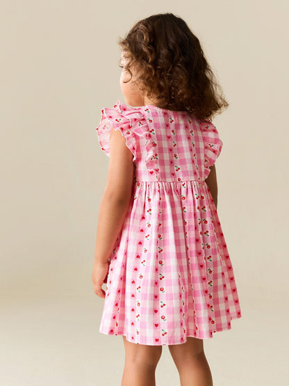 Dsiney Kidz - Pink Gingham Cherry Double Ruffle Sleeve Dress (3mths-8yrs) image 3