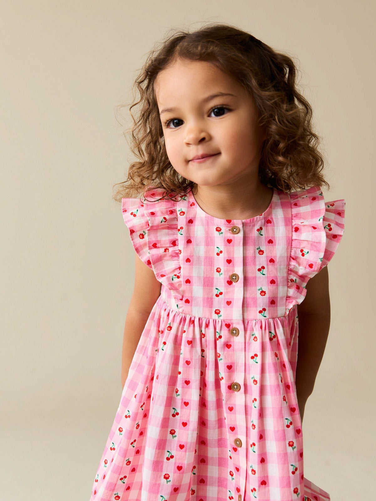 Dsiney Kidz - Pink Gingham Cherry Double Ruffle Sleeve Dress (3mths-8yrs) image 4