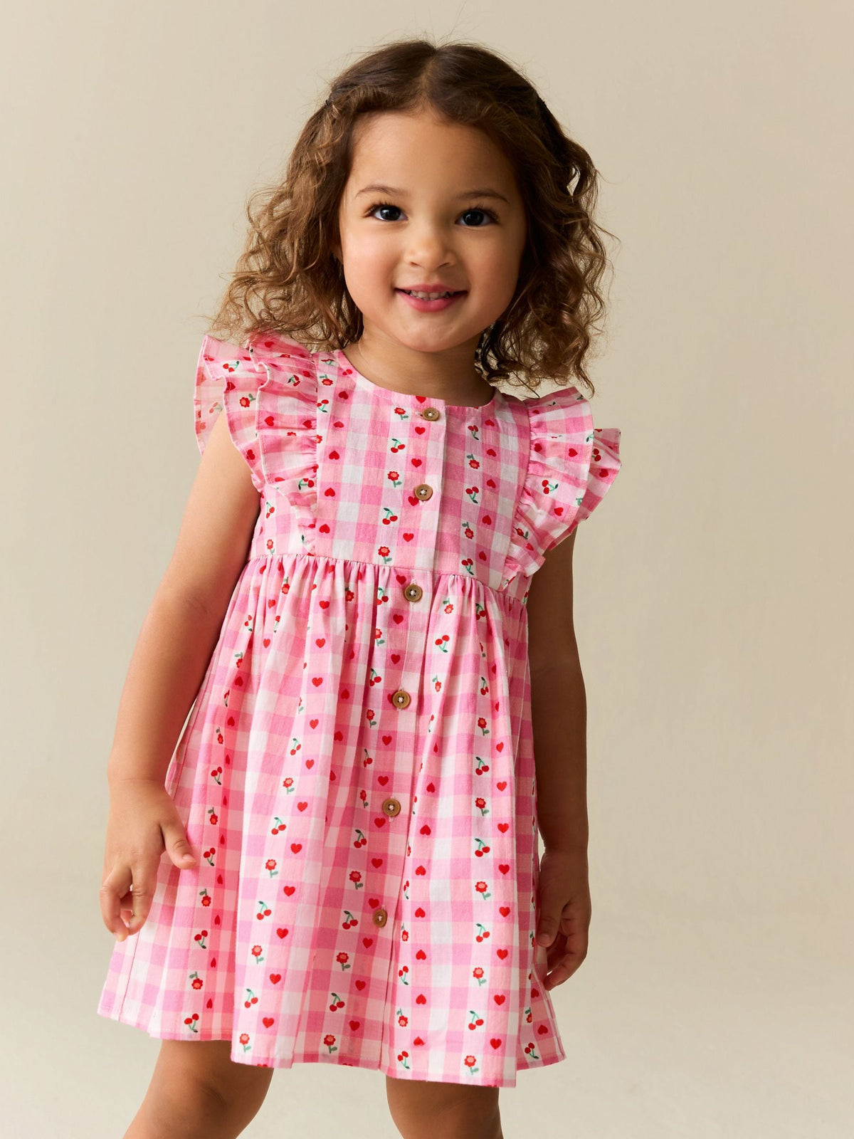 Dsiney Kidz - Pink Gingham Cherry Double Ruffle Sleeve Dress (3mths-8yrs) image 1