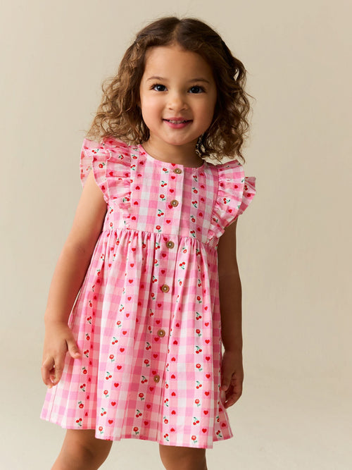 Dsiney Kidz - Pink Gingham Cherry Double Ruffle Sleeve Dress (3mths-8yrs) image 1