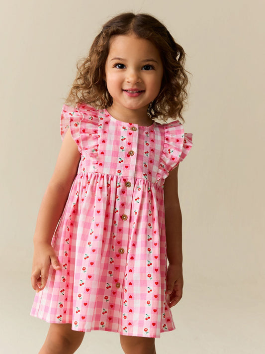 Dsiney Kidz - Pink Gingham Cherry Double Ruffle Sleeve Dress (3mths-8yrs) image 1