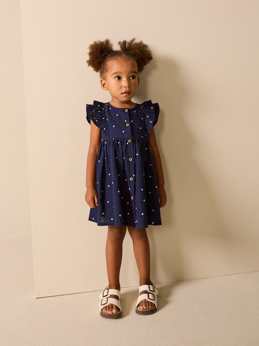 Navy Spot Double Ruffle Sleeve Dress (3mths-8yrs) image 2