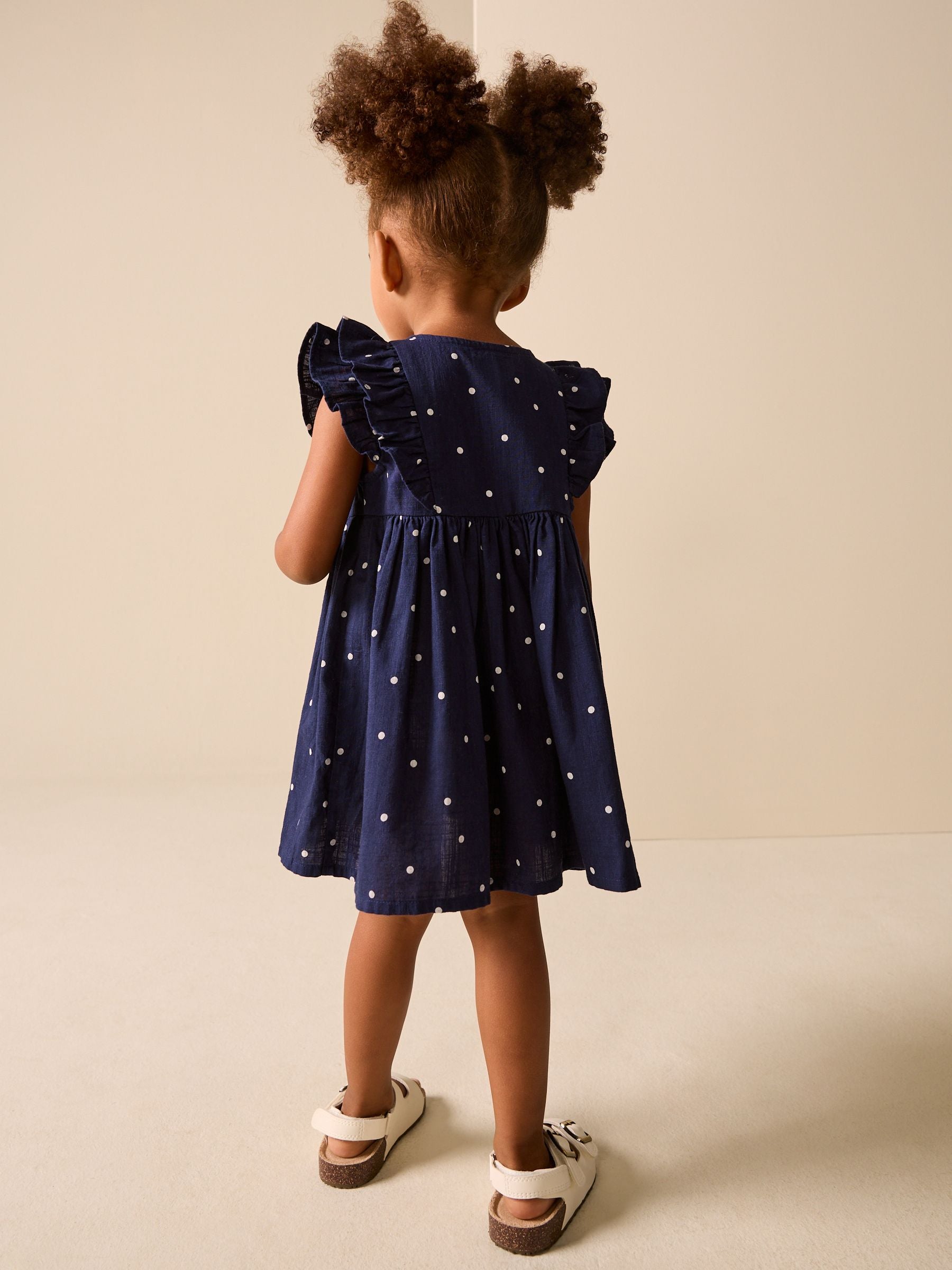 Navy Spot Double Ruffle Sleeve Dress (3mths-8yrs) image 3