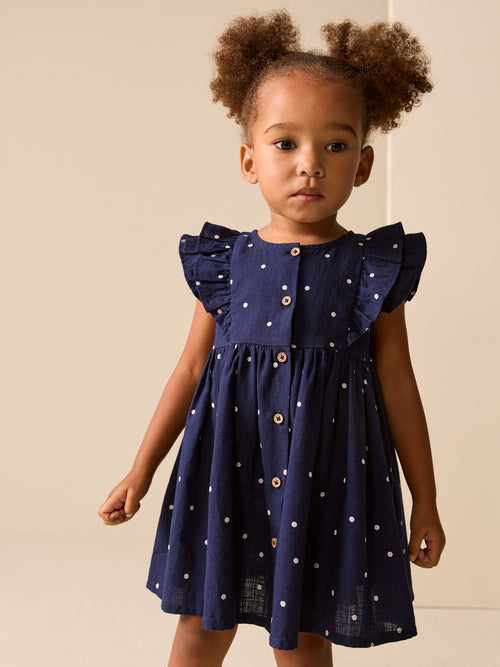 Navy Spot Double Ruffle Sleeve Dress (3mths-8yrs) image 1