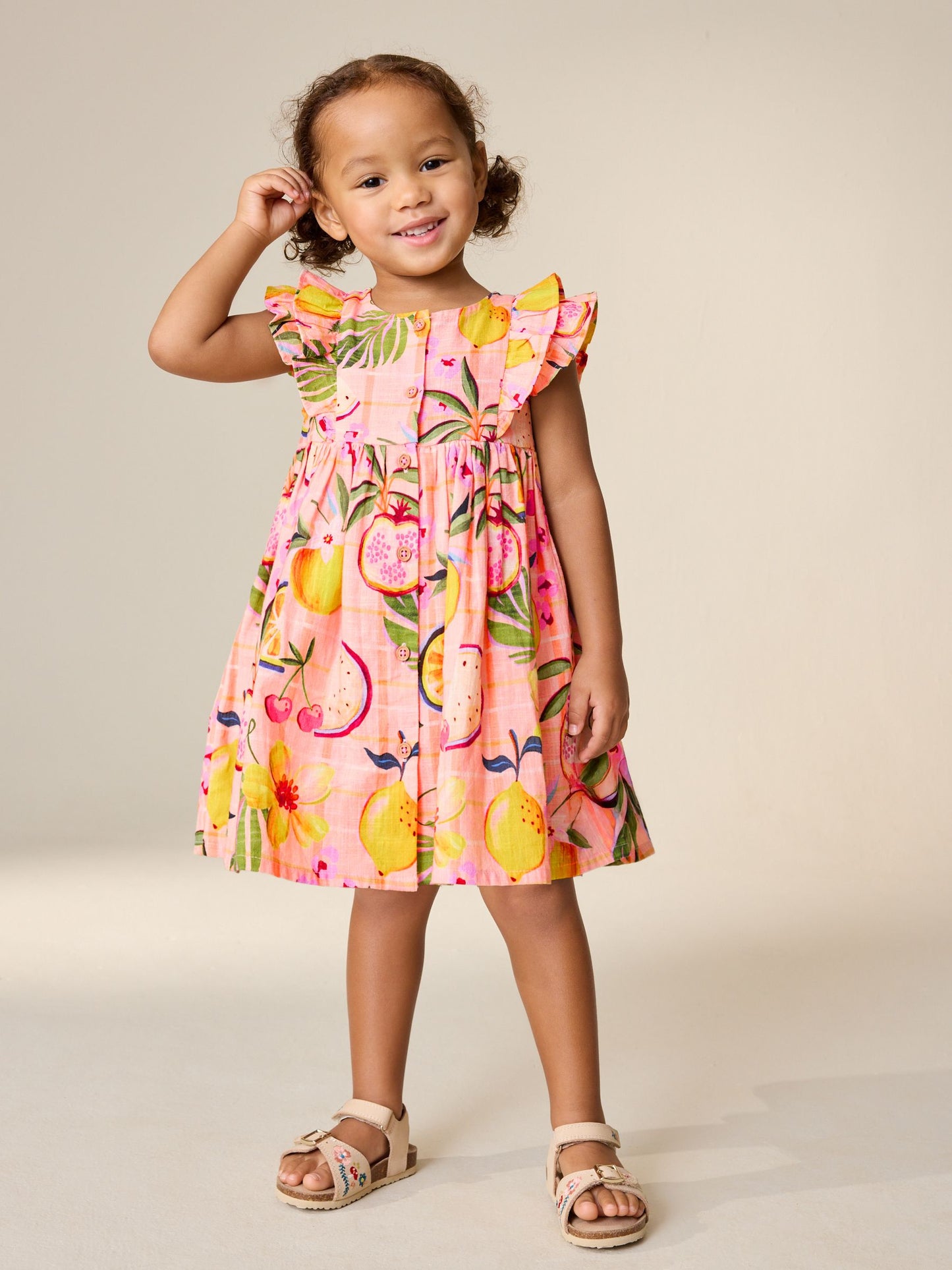 Peach Pink Tropical Double Ruffle Sleeve Dress (3mths-8yrs) image 1
