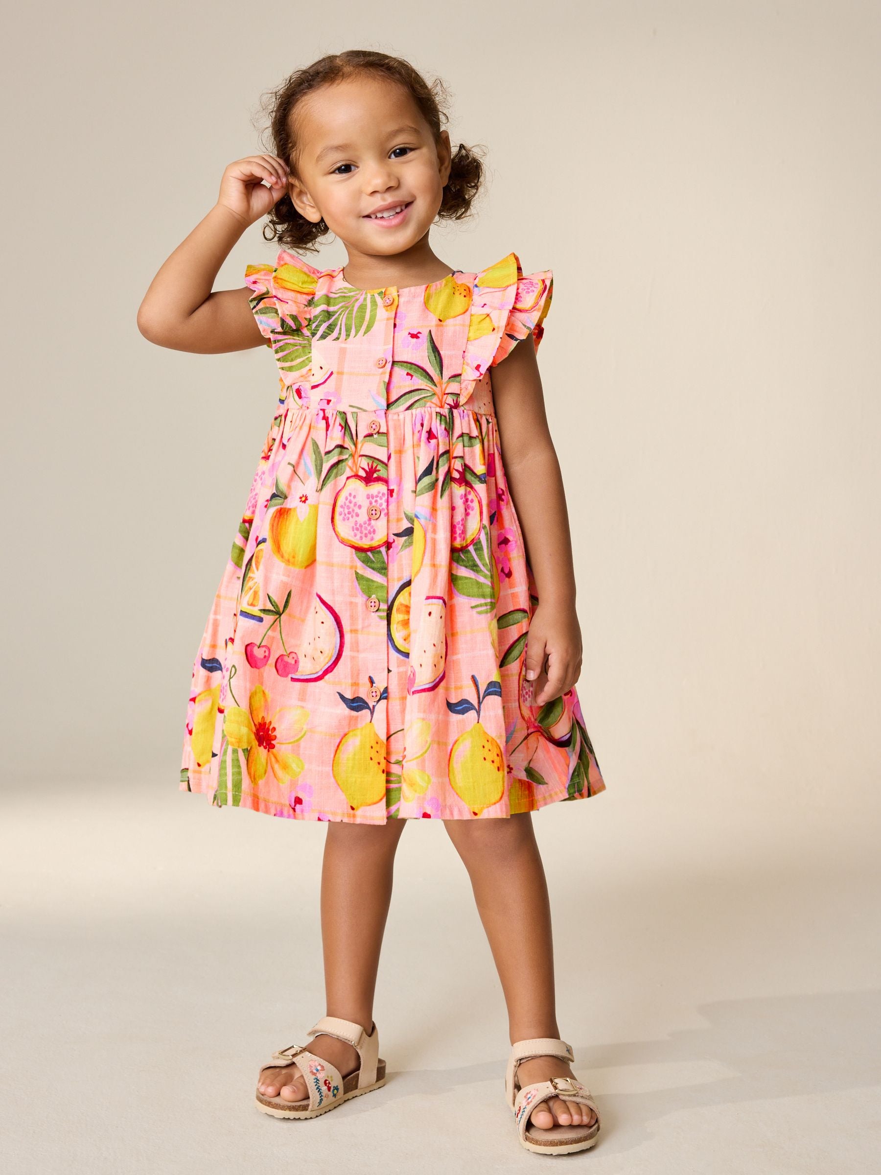 Peach Pink Tropical Double Ruffle Sleeve Dress (3mths-8yrs) image 1