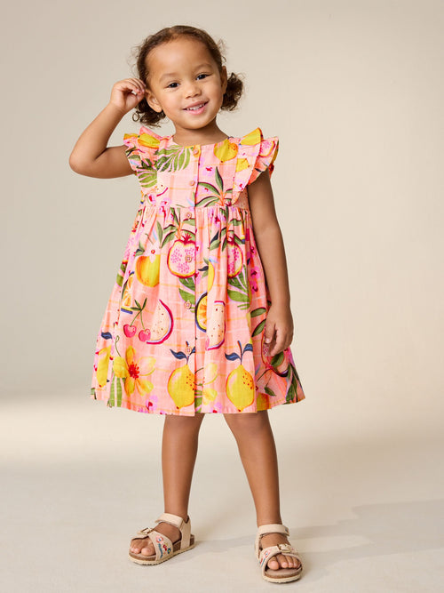 Peach Pink Tropical Double Ruffle Sleeve Dress (3mths-8yrs) image 1