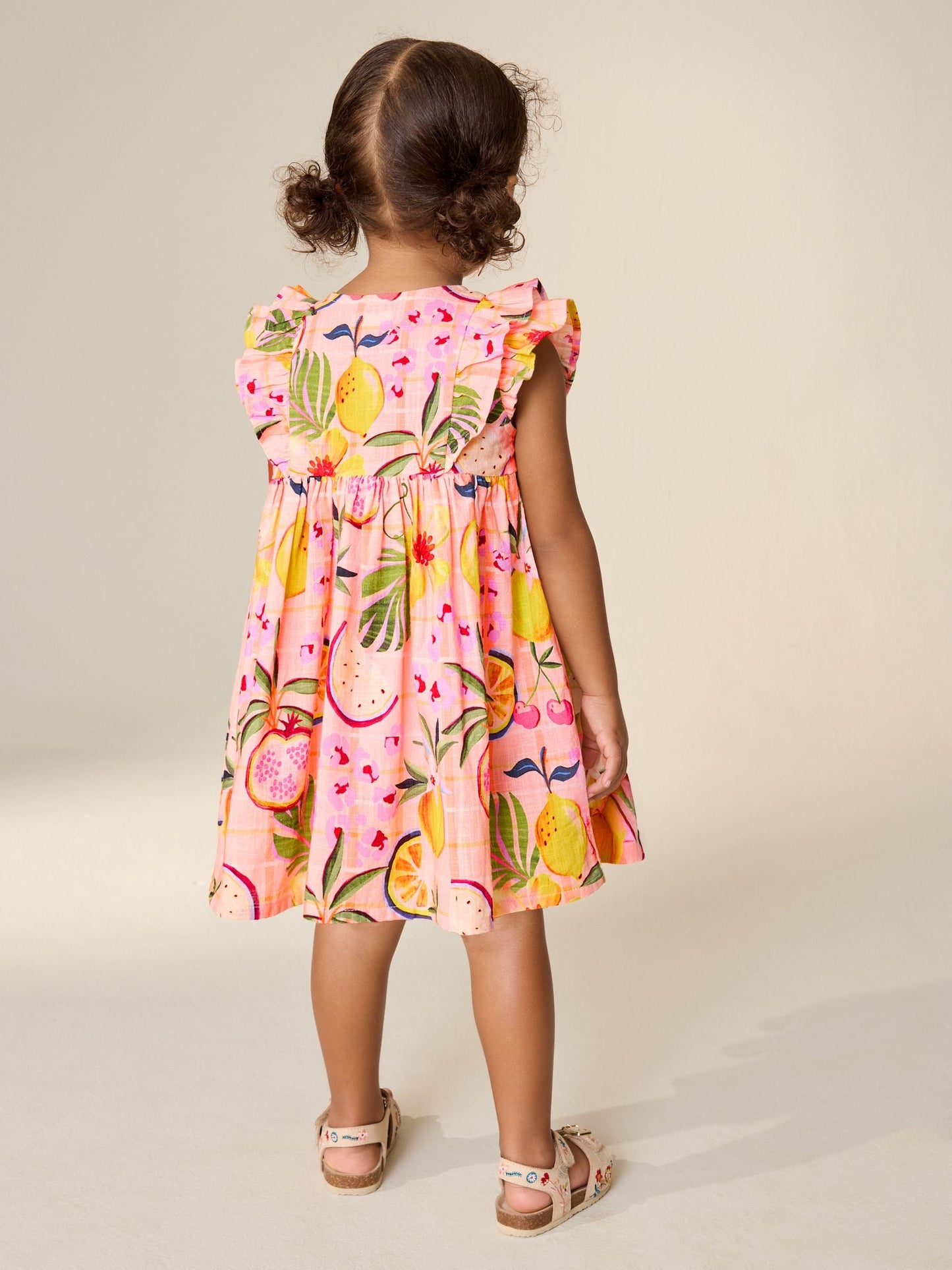 Peach Pink Tropical Double Ruffle Sleeve Dress (3mths-8yrs) image 2