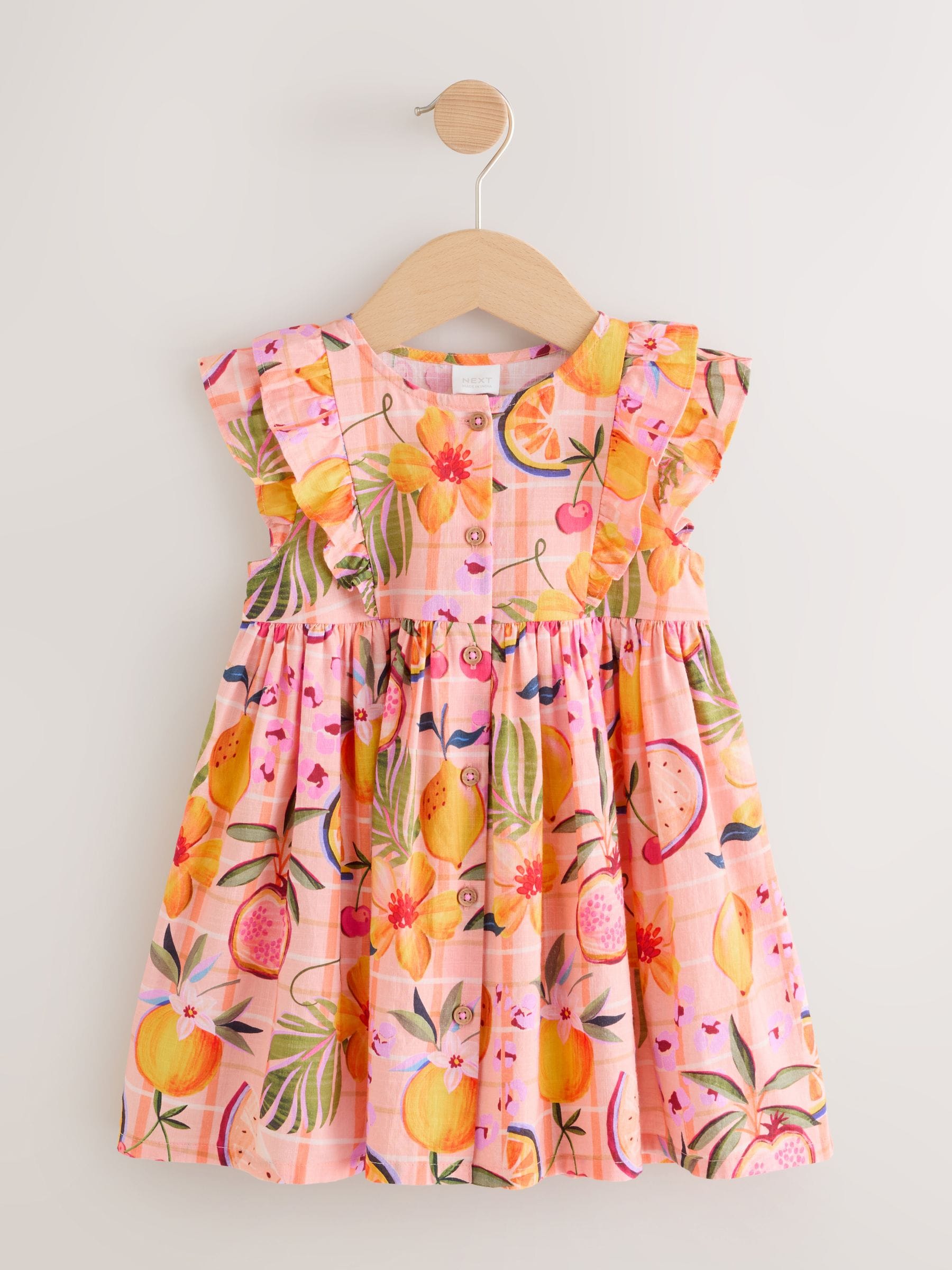 Peach Pink Tropical Double Ruffle Sleeve Dress (3mths-8yrs) image 3