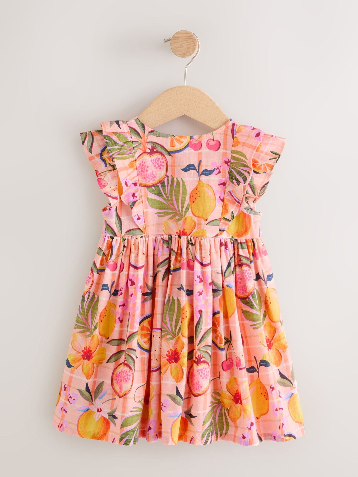 Peach Pink Tropical Double Ruffle Sleeve Dress (3mths-8yrs) image 4