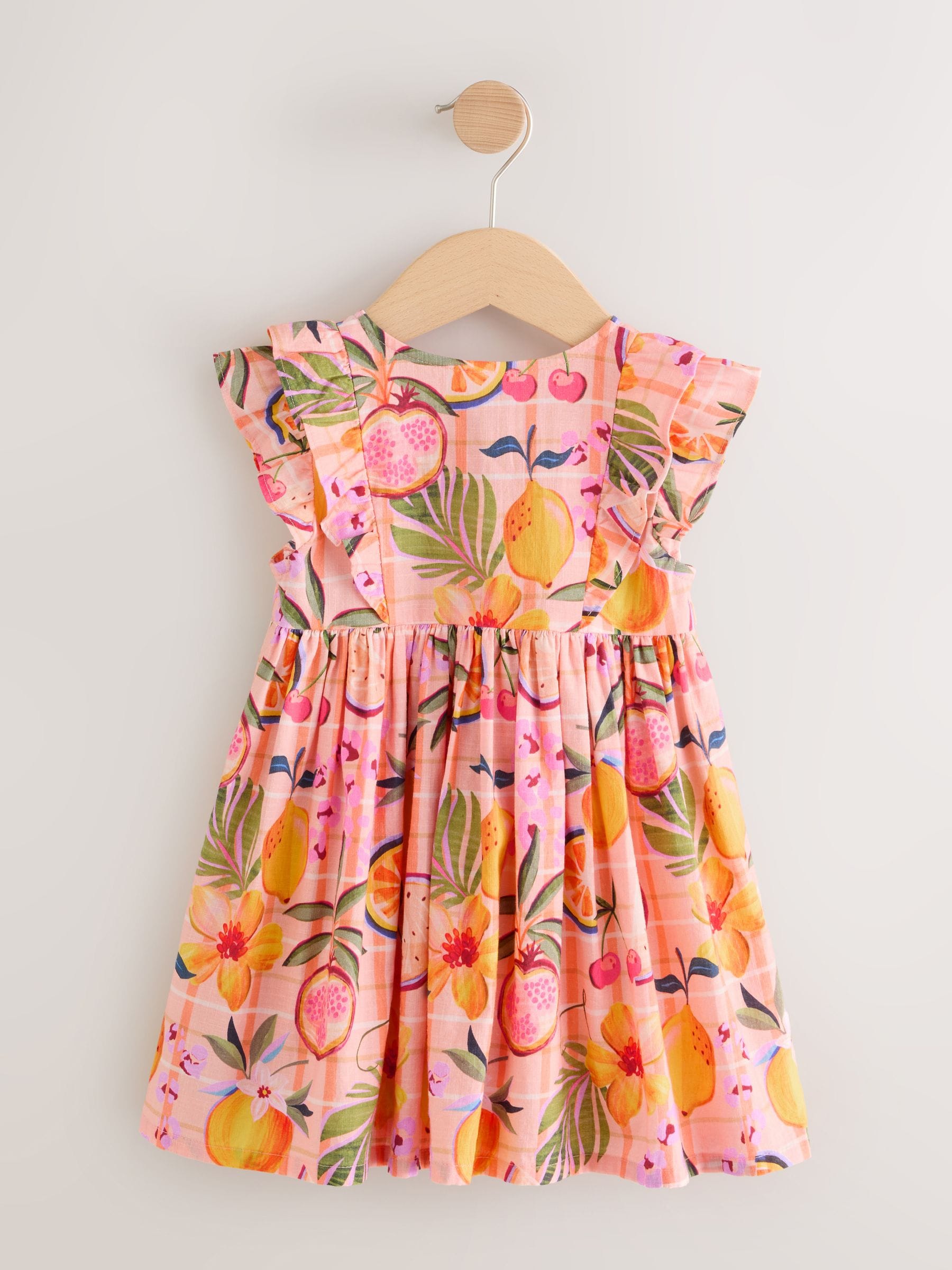 Peach Pink Tropical Double Ruffle Sleeve Dress (3mths-8yrs) image 4