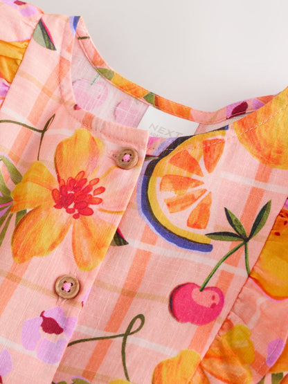 Peach Pink Tropical Double Ruffle Sleeve Dress (3mths-8yrs) image 5