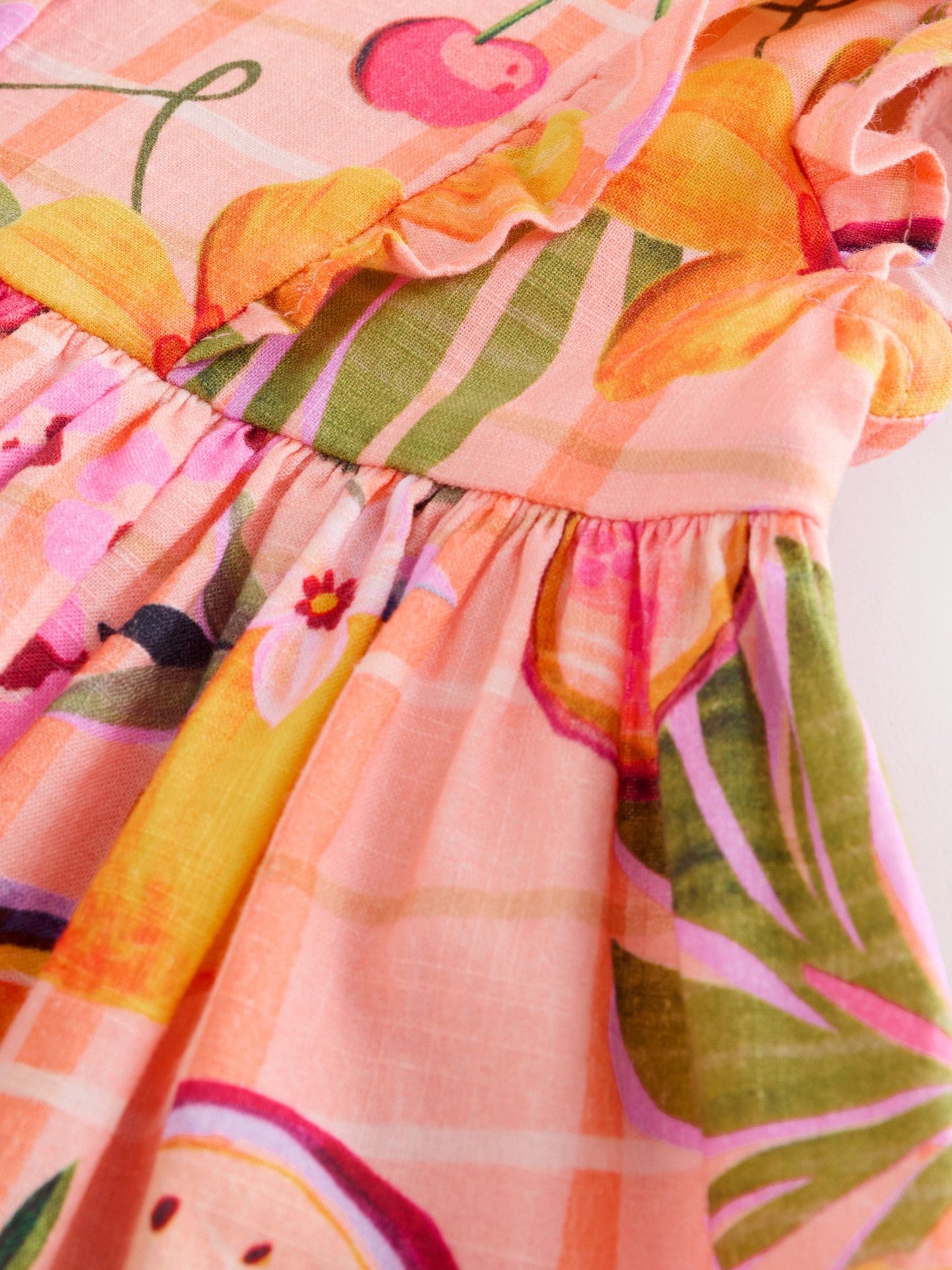 Peach Pink Tropical Double Ruffle Sleeve Dress (3mths-8yrs) image 6