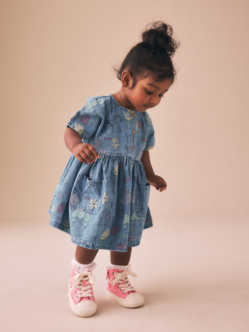Pet Print Denim Short Sleeve Dress (3mths-8yrs) image 1