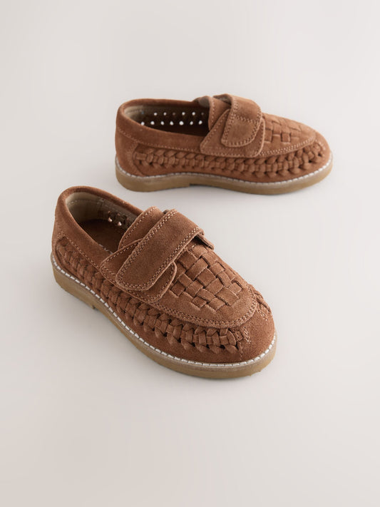 Tan Brown Standard Fit (F) Touch Fastening Woven Suede Loafers image 1