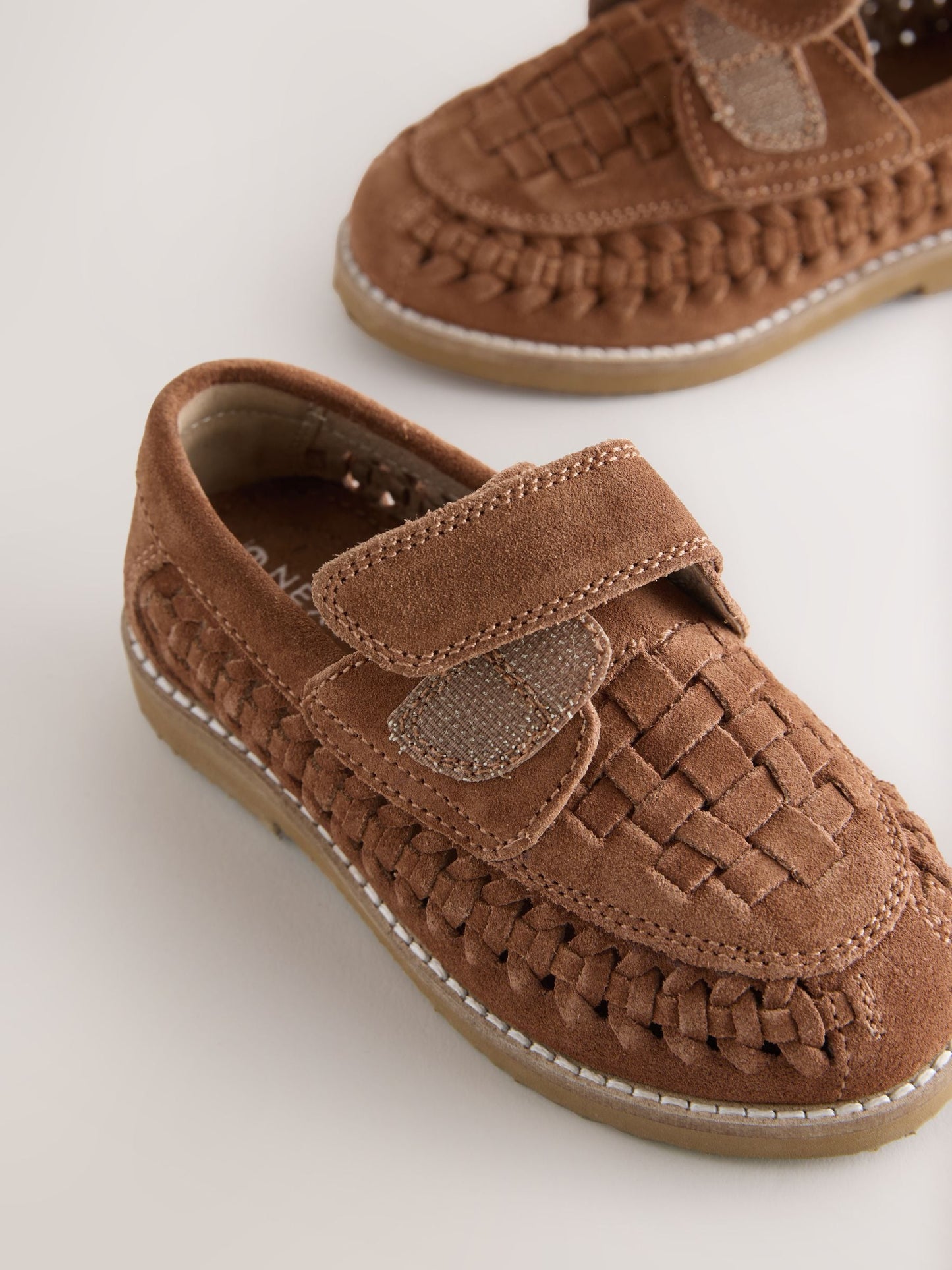 Tan Brown Standard Fit (F) Touch Fastening Woven Suede Loafers image 6