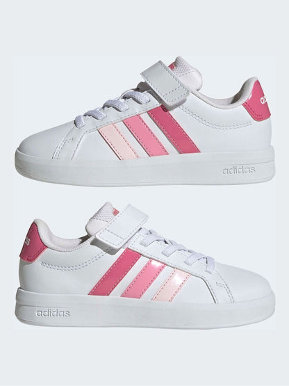 adidas White/Pink Grand Court 3.0 Elastic Lace Kids Trainers image 6