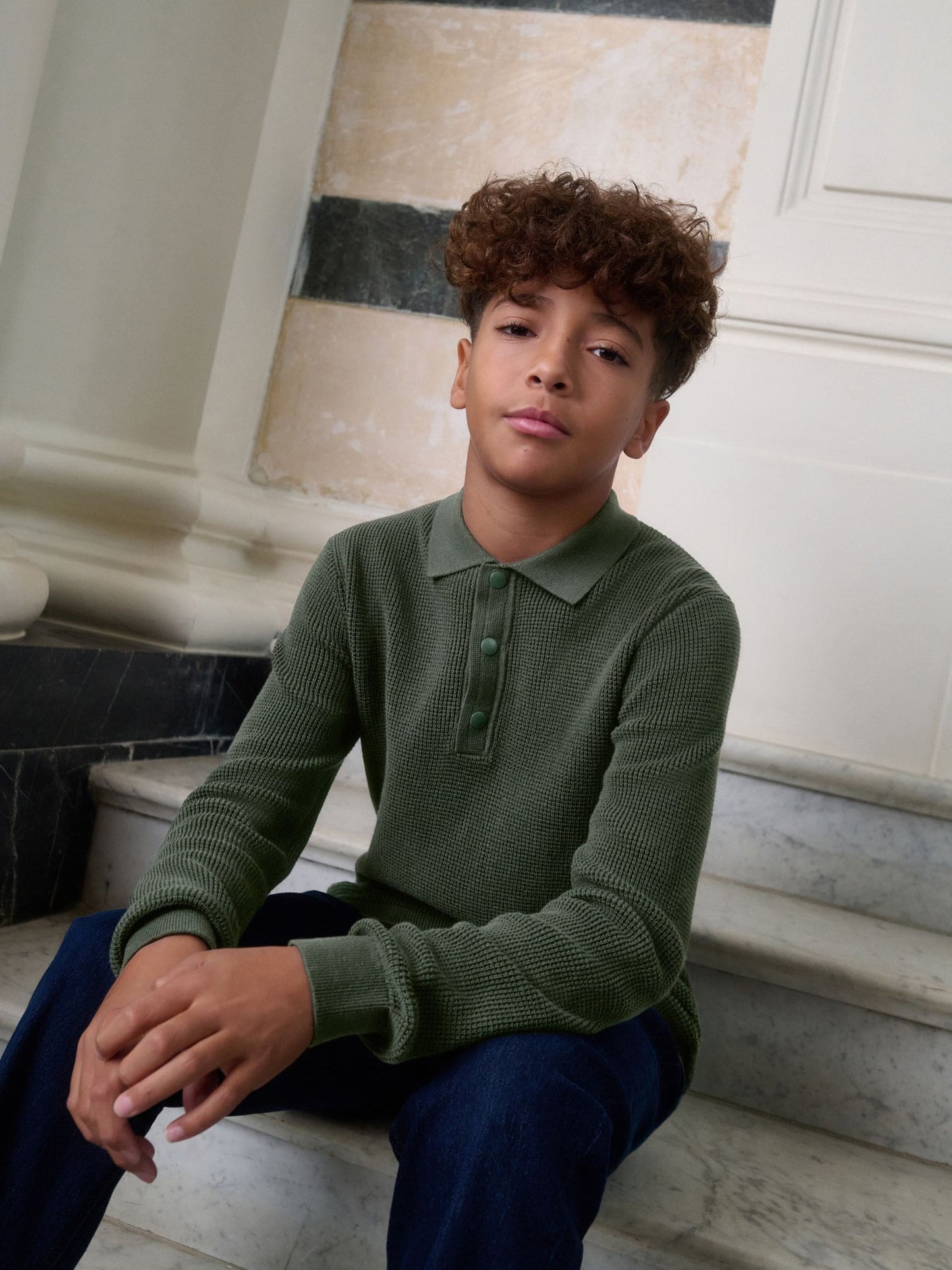 Dsiney Kidz - Dark Green Long Sleeve Textured Polo Shirt (3-16yrs) image 1