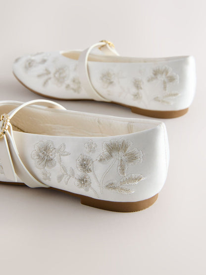 Dsiney Kidz - White Embroidered Stain Resistant Satin Mary Jane Occasion Shoes image 4